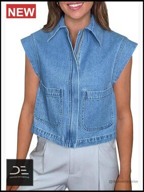 Zip Up Denim Vest Top Cap Sleeve Cropped Jean Vest Jacket Sleeveless Waistcoat